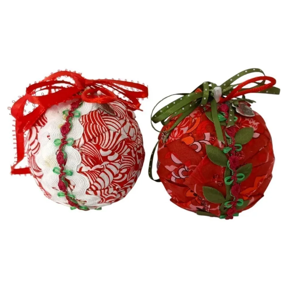 2 Folded Fabric Ornaments Balls Quilted Handmade Farmhouse‎ Cottage Vintage 90s.